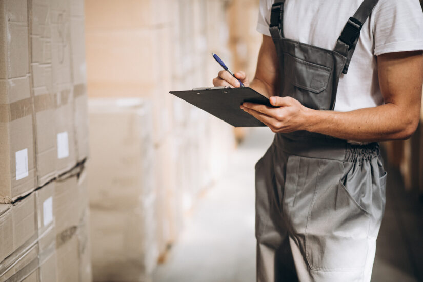 Young man working warehouse with boxes